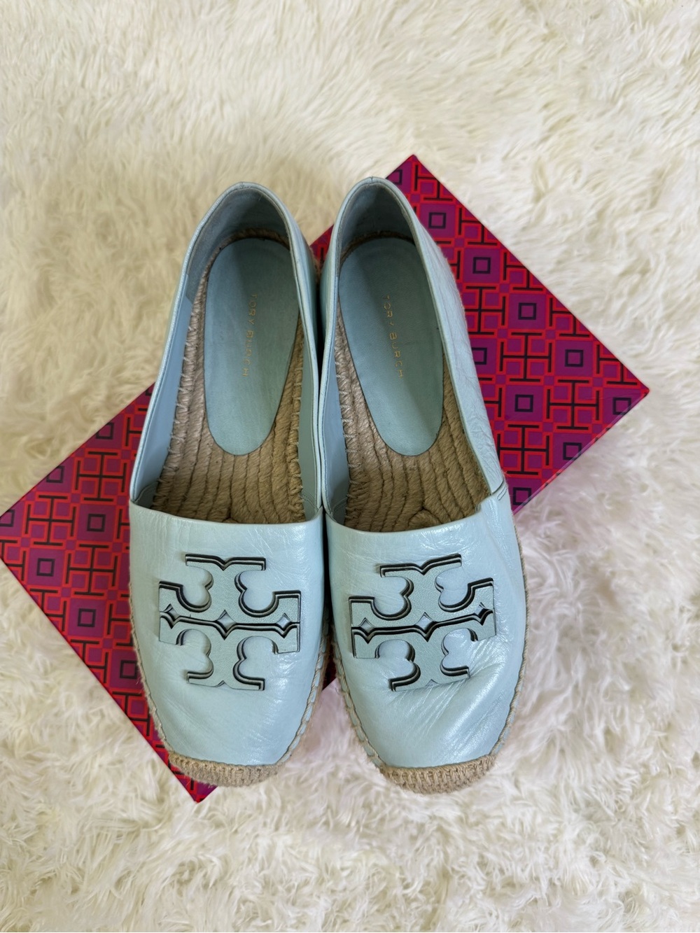 Tory Burch Pale Blue Leather Logo Espadrille Flats